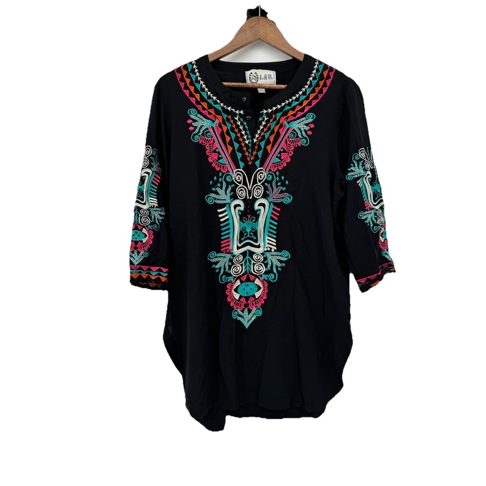 L&B Embroidered Top Colorful Southwestern Boho Tunic Henley Snap Up L Festival